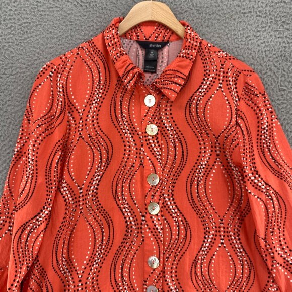 Ali Miles Top Womens Medium Coral Dot Pattern Button Up 3/4 Sleeve Wired Collar - Picture 2 of 10